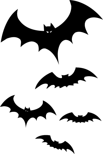 Five black bat silhouettes in flight against a white background, varying in size and orientation for Halloween decoration.