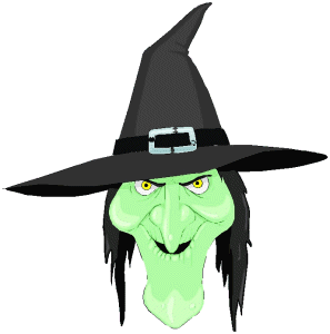 Green-skinned witch with pointy black hat and yellow eyes against pink background.