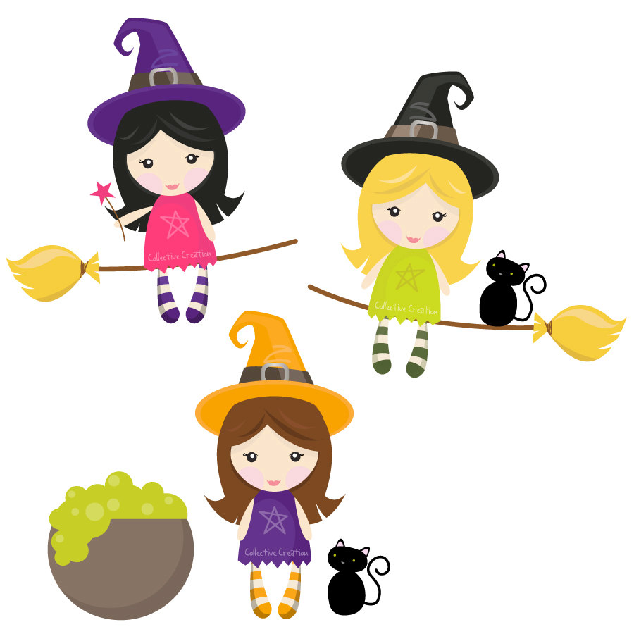 Three cute cartoon witches on broomsticks with black cats and a cauldron of green potion.