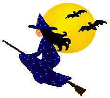 A cartoon witch in a blue starry robe and pointed hat flies on a broomstick past a yellow full moon with three bats.