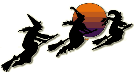 Three witches flying on broomsticks against a colorful sunset sky.