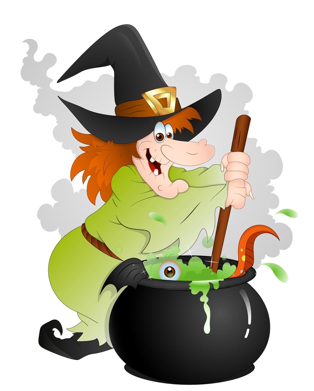 Cheerful cartoon witch with orange hair stirs a bubbling green potion in a black cauldron, eye and snake visible in the brew.