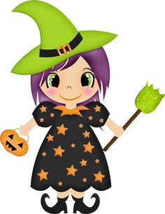 Cute cartoon witch with green hat, star-patterned dress, pumpkin bucket, and broomstick for Halloween.