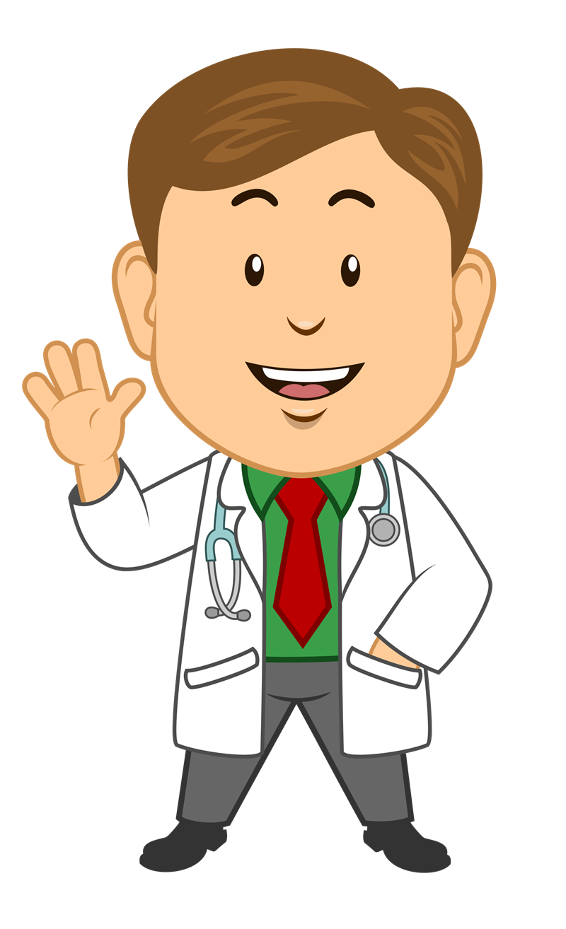 Friendly cartoon doctor waving, wearing white coat, green shirt, red tie, and stethoscope.
