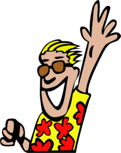 Cheerful cartoon man with blond hair, sunglasses, and floral shirt waving enthusiastically.