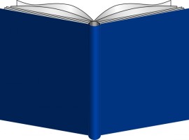 Open blue hardcover book with white pages, viewed from front angle.