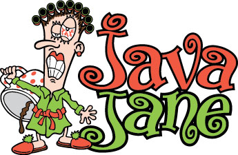 Java Jane cartoon mascot with wild hair, green dress, and coffee-themed accessories.