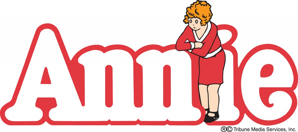 Annie logo with red-outlined white text and cartoon girl in red dress leaning on the letter "e".