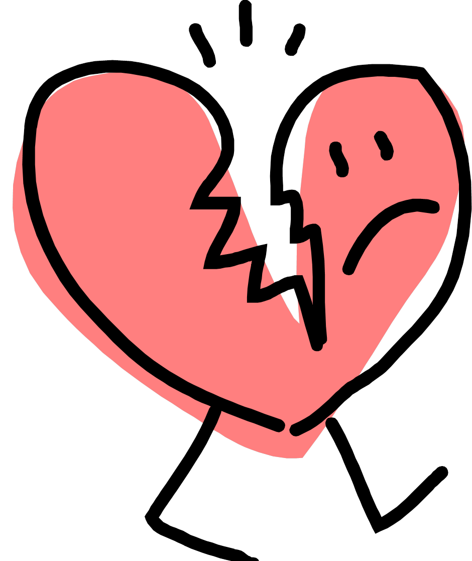 A cartoon-style broken heart with a sad face, cracked in two, and walking away on stick legs.