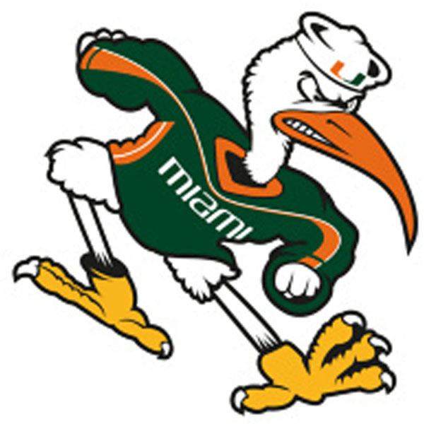 Miami Hurricanes mascot, a fierce green-and-orange-clad ibis in motion, wearing a cap with the 'U' logo.