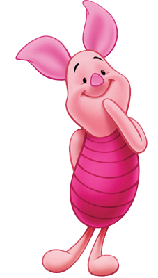 Piglet from Winnie the Pooh, smiling with hand on chin, wearing a pink striped shirt.