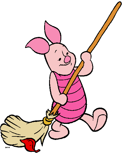 Piglet from Winnie the Pooh cheerfully sweeping with a straw broom, wearing a pink striped shirt.