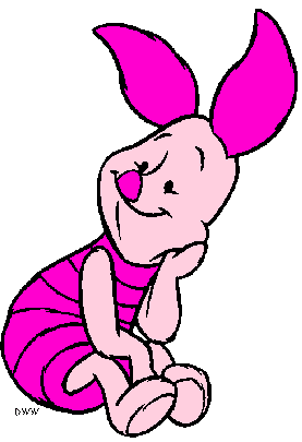 Piglet from Winnie the Pooh sitting thoughtfully in a pink striped shirt with large pink ears.