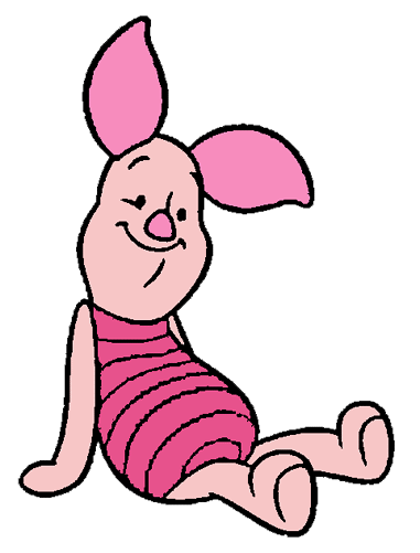Piglet from Winnie the Pooh wearing a pink striped onesie, sitting with a cheerful expression.