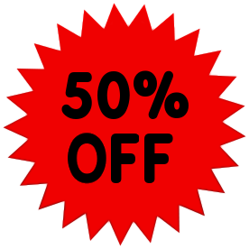 Red starburst graphic announcing "50% OFF" in bold black text.
