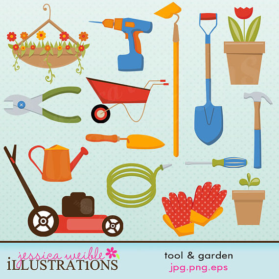 Colorful flat-style illustration of gardening tools including lawnmower, watering can, shovel, gloves, wheelbarrow, and potted plants.