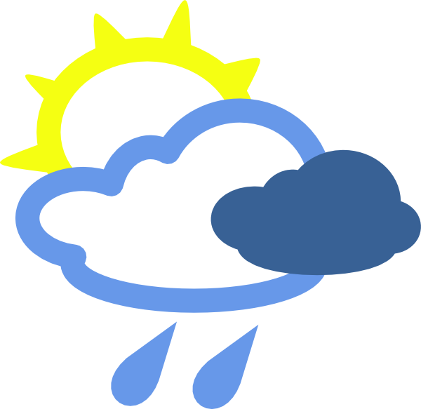 Yellow sun peeking from behind blue clouds with falling raindrops, symbolizing partly sunny with showers.