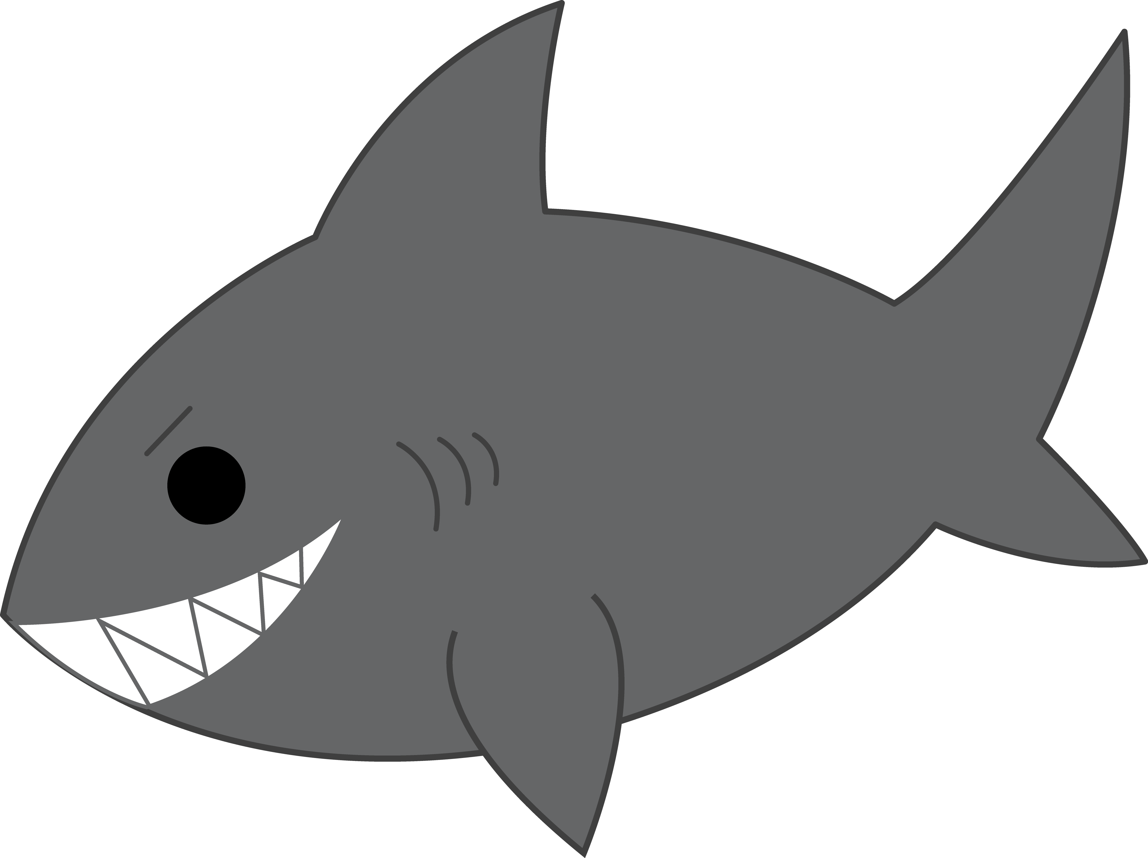 Gray cartoon shark with sharp white triangular teeth, black eye, and prominent dorsal fin on transparent background.