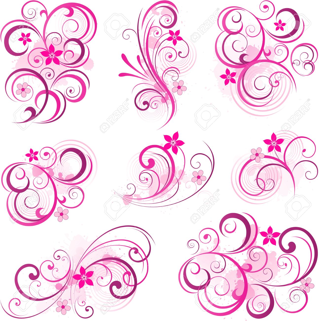 Seven elegant pink and magenta floral swirl vector designs with watercolor splashes on white background.