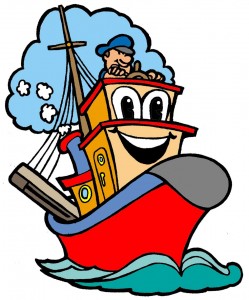 Cheerful cartoon tugboat with smiling face, captain in blue hat, and red hull sailing on blue waves.