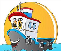 Cheerful cartoon tugboat with big eyes and a smile, sailing on blue waves against a yellow sun.