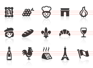 Collection of French culture icons including Eiffel Tower, baguette, croissant, wine glass, chef, onion, and rooster.