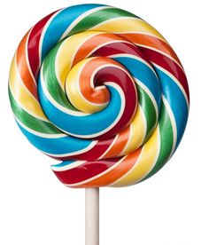 A vibrant rainbow-swirl lollipop on a white stick against a clean white background.