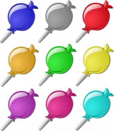 Nine glossy, colorful lollipops arranged in a 3x3 grid on white background-blue, gray, red, gold, green, yellow, purple, pink, cyan.