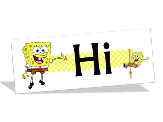 SpongeBob SquarePants waving and swinging on a rope beside the word "Hi" on a yellow checkered banner.