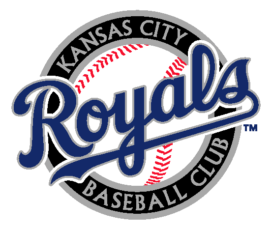 Kansas City Royals baseball team logo featuring a baseball with red stitching and stylized blue "Royals" script.