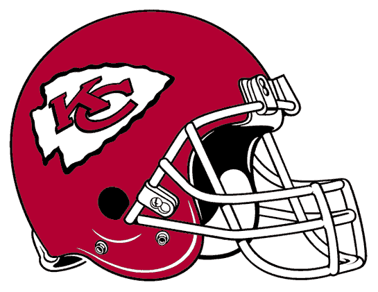Kansas City Chiefs football helmet with red shell, white arrowhead logo, and silver faceguard.