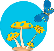 Bright yellow spotted mushrooms, a sunflower, and a blue butterfly in a cheerful cartoon illustration.