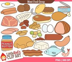 Colorful clip art illustration of various meat and protein foods including chicken, beef, fish, eggs, nuts, and peanut butter.