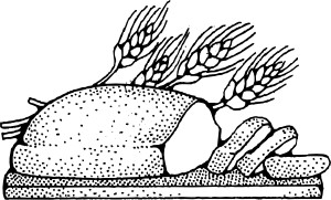 A rustic loaf of bread with wheat stalks and sliced pieces, depicted in a black-and-white line drawing.