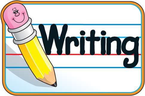 Smiling cartoon pencil with eraser writing the word "Writing" on lined paper.