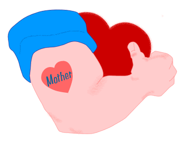 A muscular arm with a blue cap flexing, holding a red heart; a tattoo of a heart with "Mother" inside adorns the bicep.
