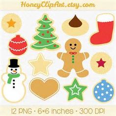 Festive Christmas cookie clipart set including tree, snowman, gingerbread man, stocking, ornaments, and stars.