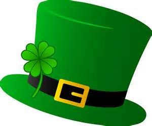 Green leprechaun hat with black band, gold buckle, and four-leaf clover shamrock on white background.
