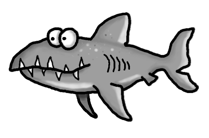 Cartoon shark with big eyes and sharp teeth, drawn in black-and-white sketch style.