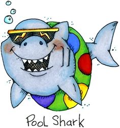 A cheerful cartoon shark wearing yellow goggles and a colorful polka-dot swimsuit, labeled "Pool Shark".