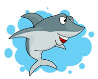 Friendly cartoon shark smiling with blue water bubbles in background