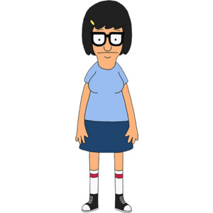 Tina Belcher, animated character with black bob haircut, glasses, blue shirt, navy skirt, and striped socks.