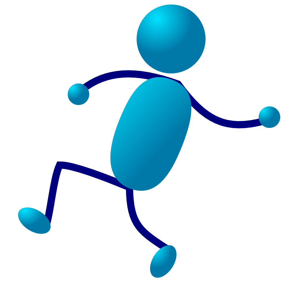 Blue stick figure in motion, running with dynamic pose and gradient shading.