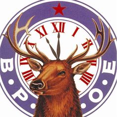 Stylized deer head with antlers centered in a circular emblem featuring Roman numerals, stars, and letters "B.P.O.E."