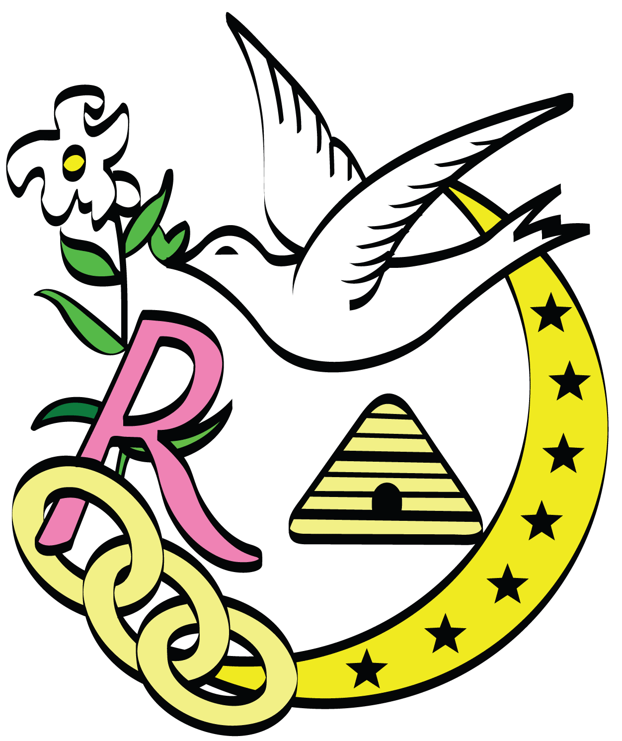 Symbolic Logo with Dove, Flower, Rings, Beehive, and Crescent Moon