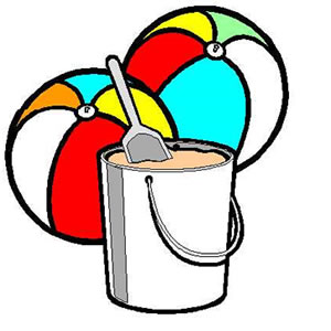 Colorful beach balls, a white sand bucket with a shovel, and sand-classic summer beach toys for kids.