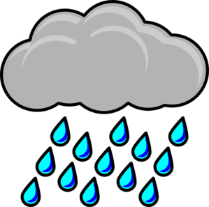 Gray rain cloud with blue raindrops falling against a black background, representing precipitation.