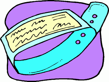 A colorful cartoon-style wristband with a paper slip inserted, resting on a purple surface.