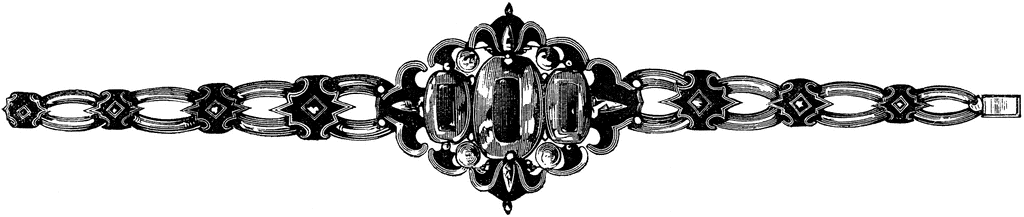 Ornate vintage bracelet with intricate filigree, gemstone accents, and symmetrical Art Nouveau design in black-and-white illustration.