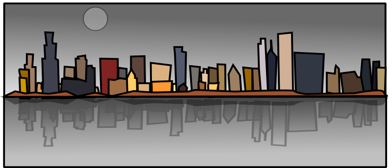 Stylized city skyline at dusk with moon and water reflection, geometric buildings in muted tones.